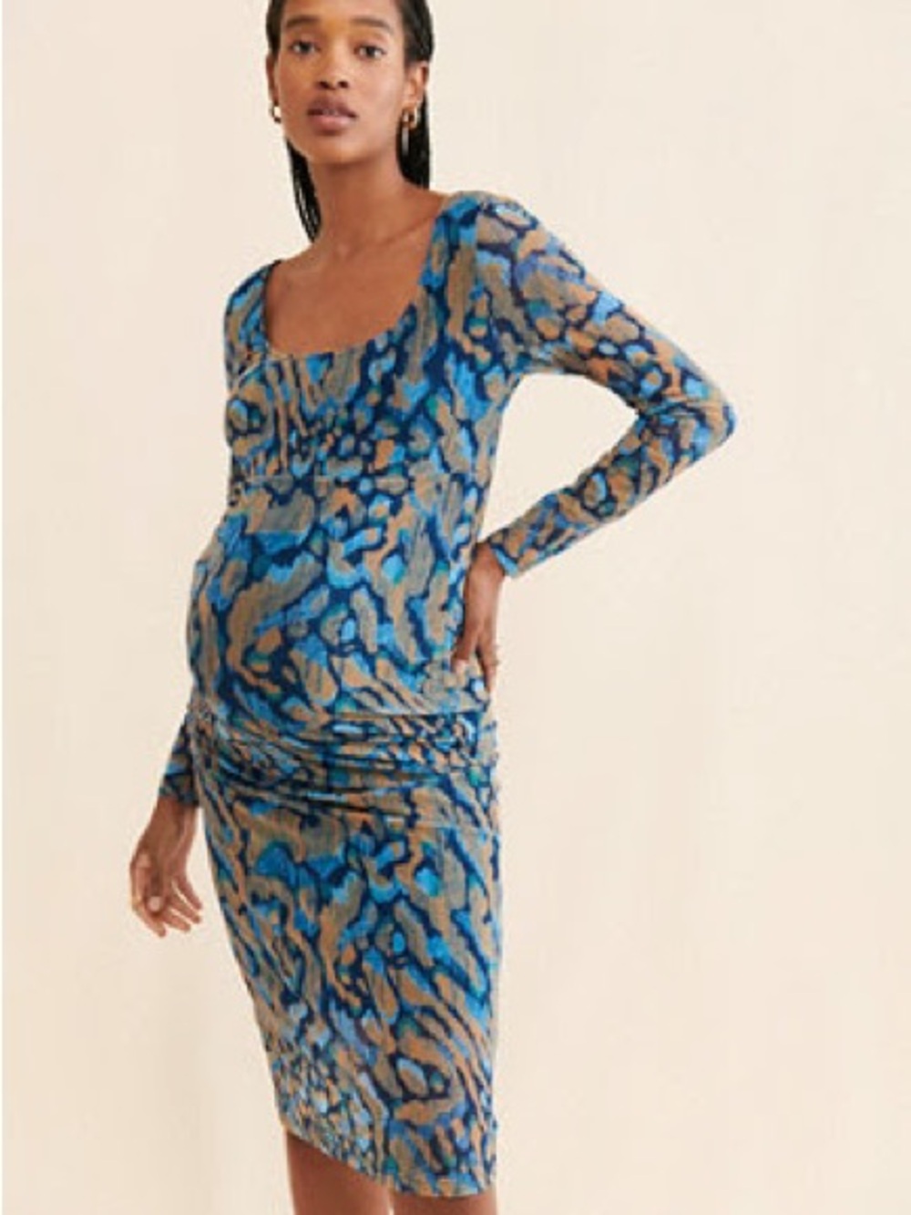 Ingrid & Isabel Blue and Tan Abstract Scoop Neck Maternity Dress